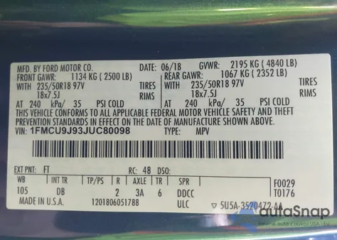 2018 Ford Escape Titanium z USA, uszkodzony, nr VIN 1FMCU9J93JUC80098